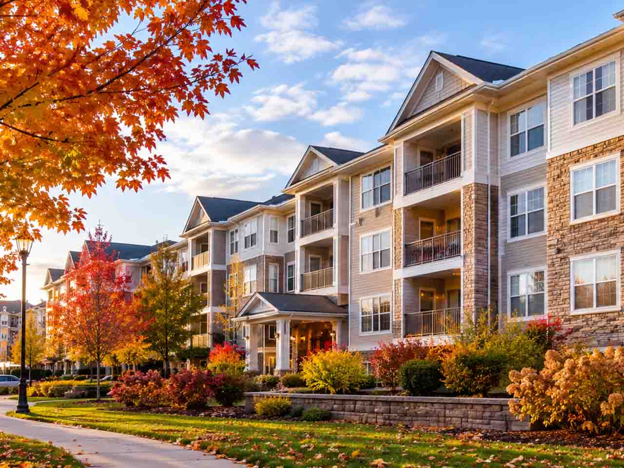 Modern multi-story apartment buildings with balconies, landscaped gardens, and autumn trees under a partly cloudy blue sky.