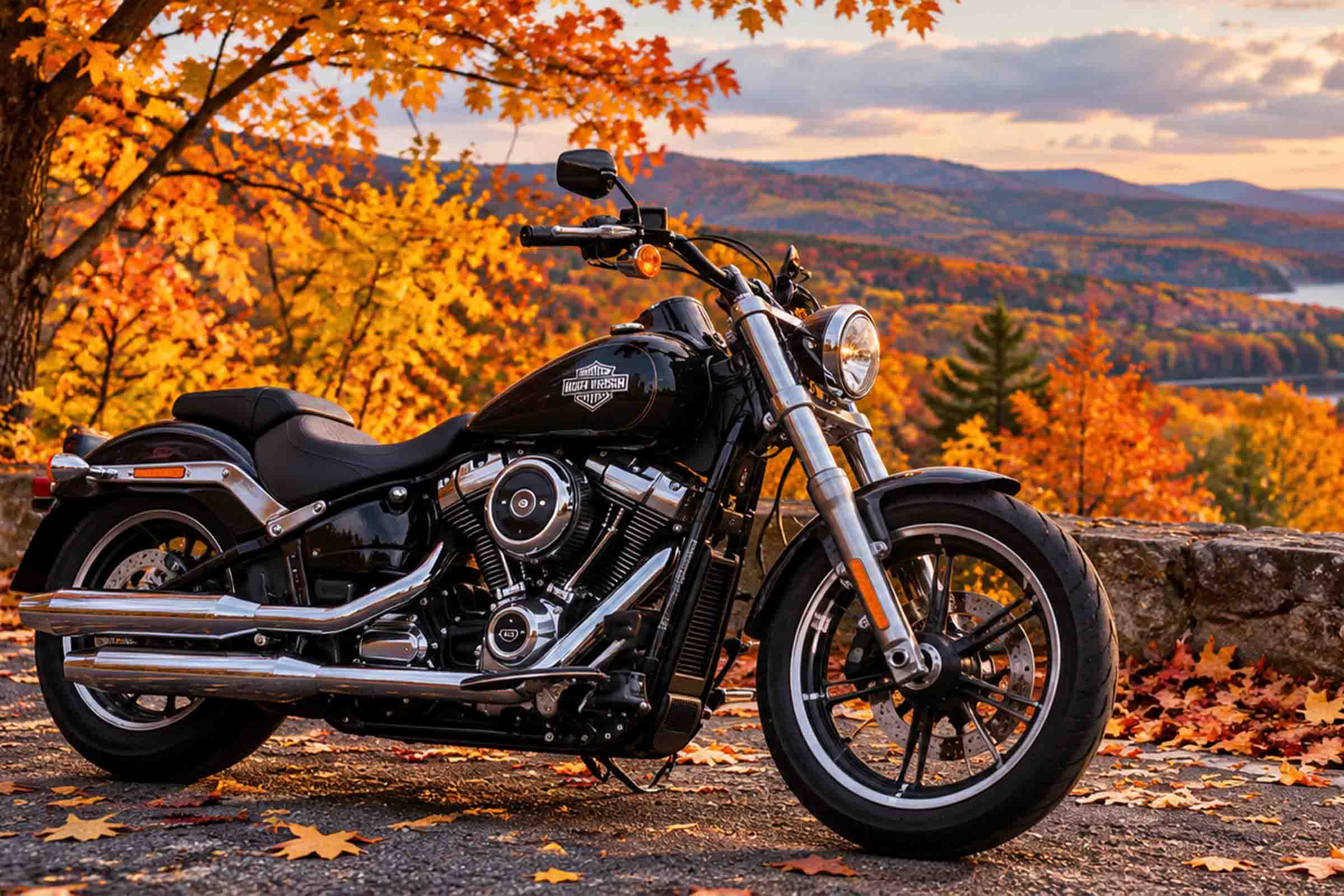 Black cruiser motorcycle parked beneath vibrant autumn foliage with a mountain valley in the background.
