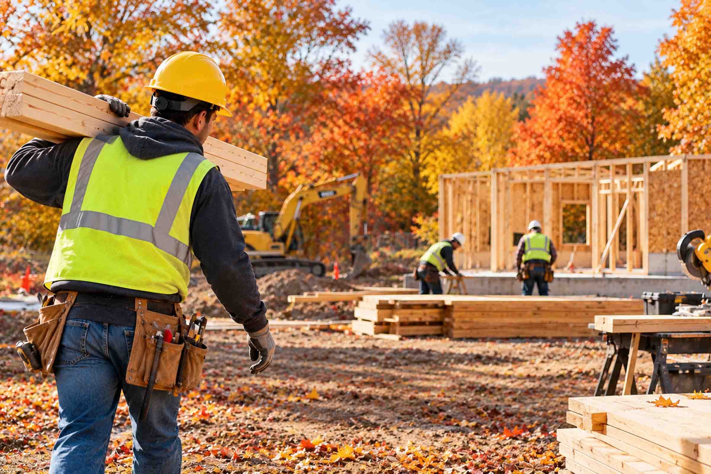 Construction worker in a yellow hard hat and high-visibility vest carries lumber at a residential building site surrounded by colorful autumn trees.